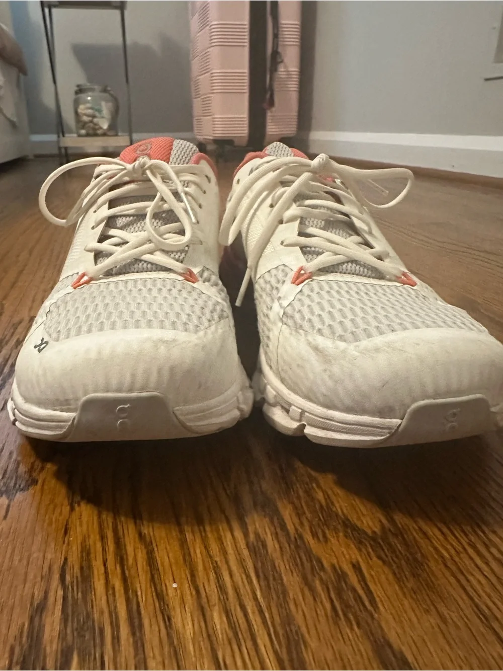 On Running Women’s White and Coral Lace-Up Sneakers